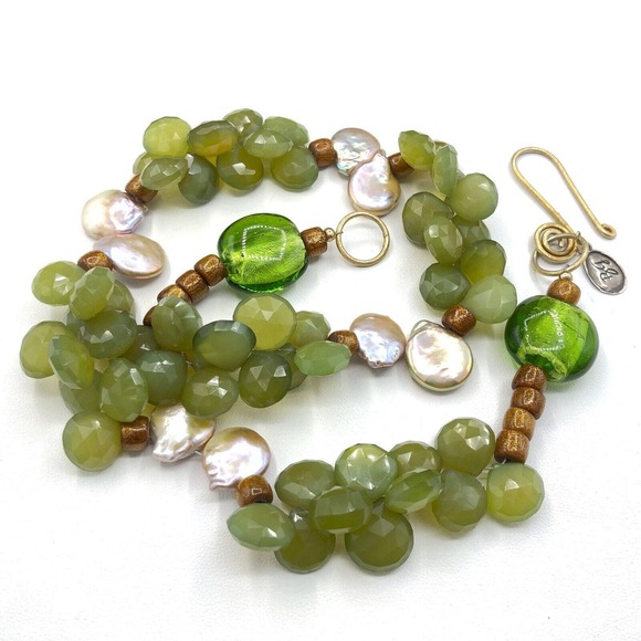 BG Fresh Water Pearl Necklace Baroque Coins Faceted Glass Teardrops 14K GP Clasp - Picture 5 of 7